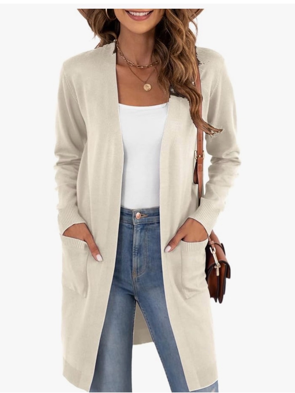 Open-Front Cream Longline Cardigan Sweater